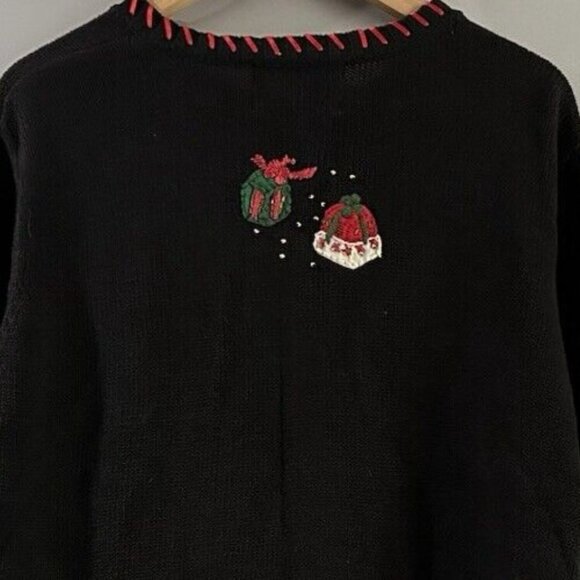 Tiara Int. Women ugly Christmas kitty cat Sweater Black Full Zip VTG sz M - Picture 12 of 16